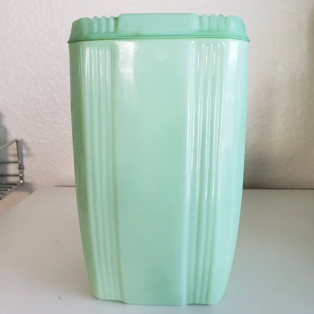 Vintage Fantasy Jadeite Green Canister With Lid 7” Cottage Core Grandma Core